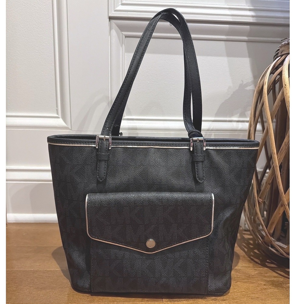 Michael Kors Jet Set Flap Pocket MK Logo Tote Bag Satchel Black Purse Medium